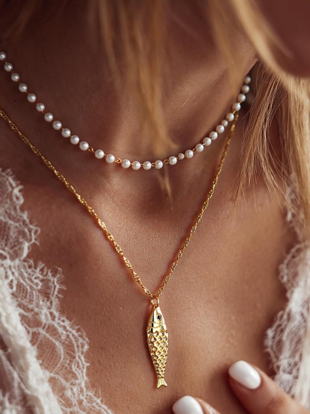 Layered Gold Fish Pendant with White Pearl Choker